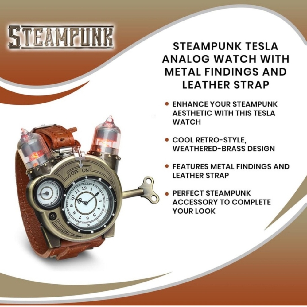 Tesla Thinkgeek Steampunk Watch with Brown Leather Strap And Keys - Picture 2 of 7